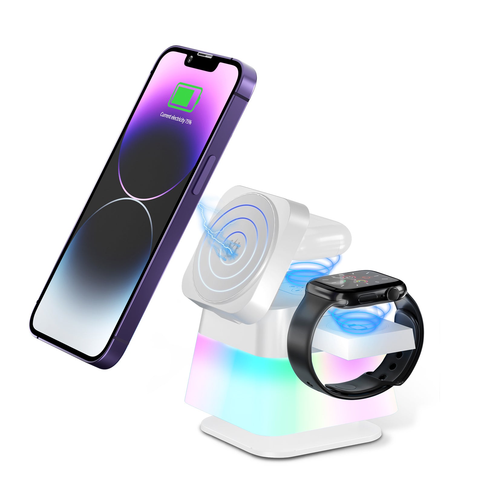 4 In 1 Rotatable Colorful Lighting Wireless Charger Stand For Phone 15 14 13 12 Pro Max