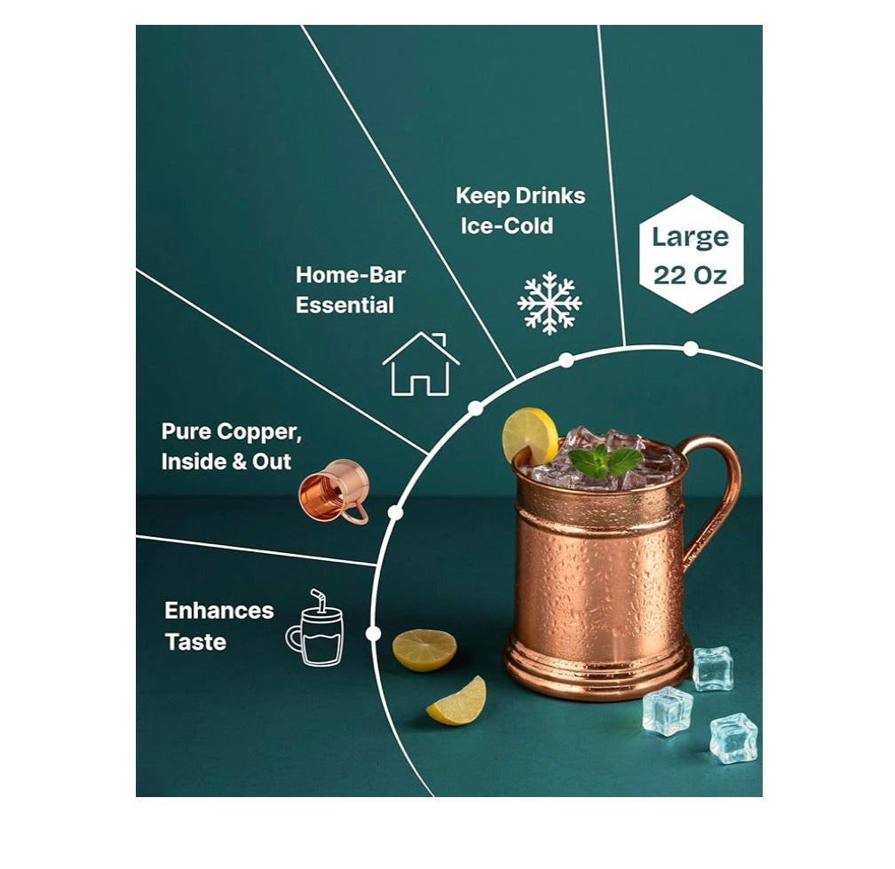 Large 18 oz, Moscow Mule Copper Mug | Solid Handcrafted 100% Pure Copper Cup - Inside & Out | Keeps Drinks Super Cold | Tankard Beer Stein Mug | Best Gift for Moscow Mule Lovers