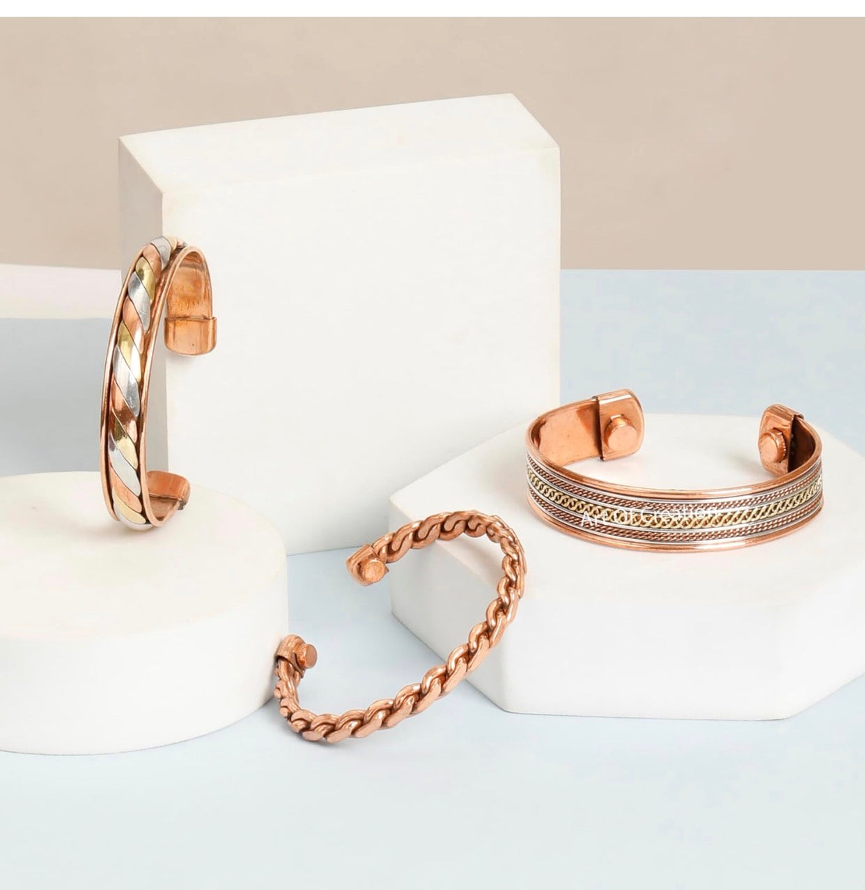 Art Of Creation Pure Copper Bracelet Set Of 3 Tibetan Handmade Cuff And Kada For Men And Women Adjustable Bangle (Style 10)