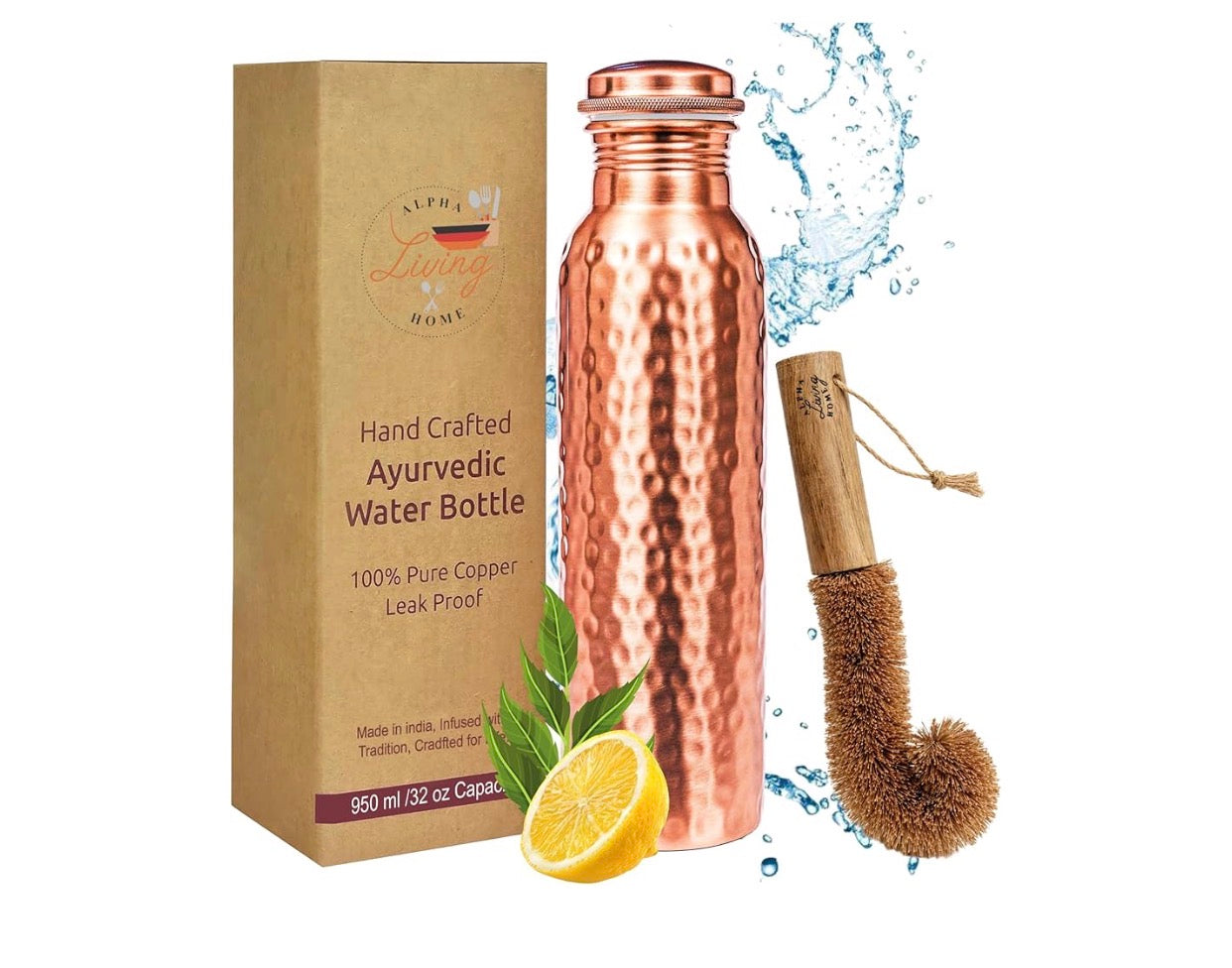 Alpha Living Home Copper Water Bottle 32 Oz Extra Large, Real Copper Water Bottle, Pure Drinking Bottle, Hammered Ayurvedic Bottle for Drinking Water, Leak Proof Vessel Cap with Cleaning Brush