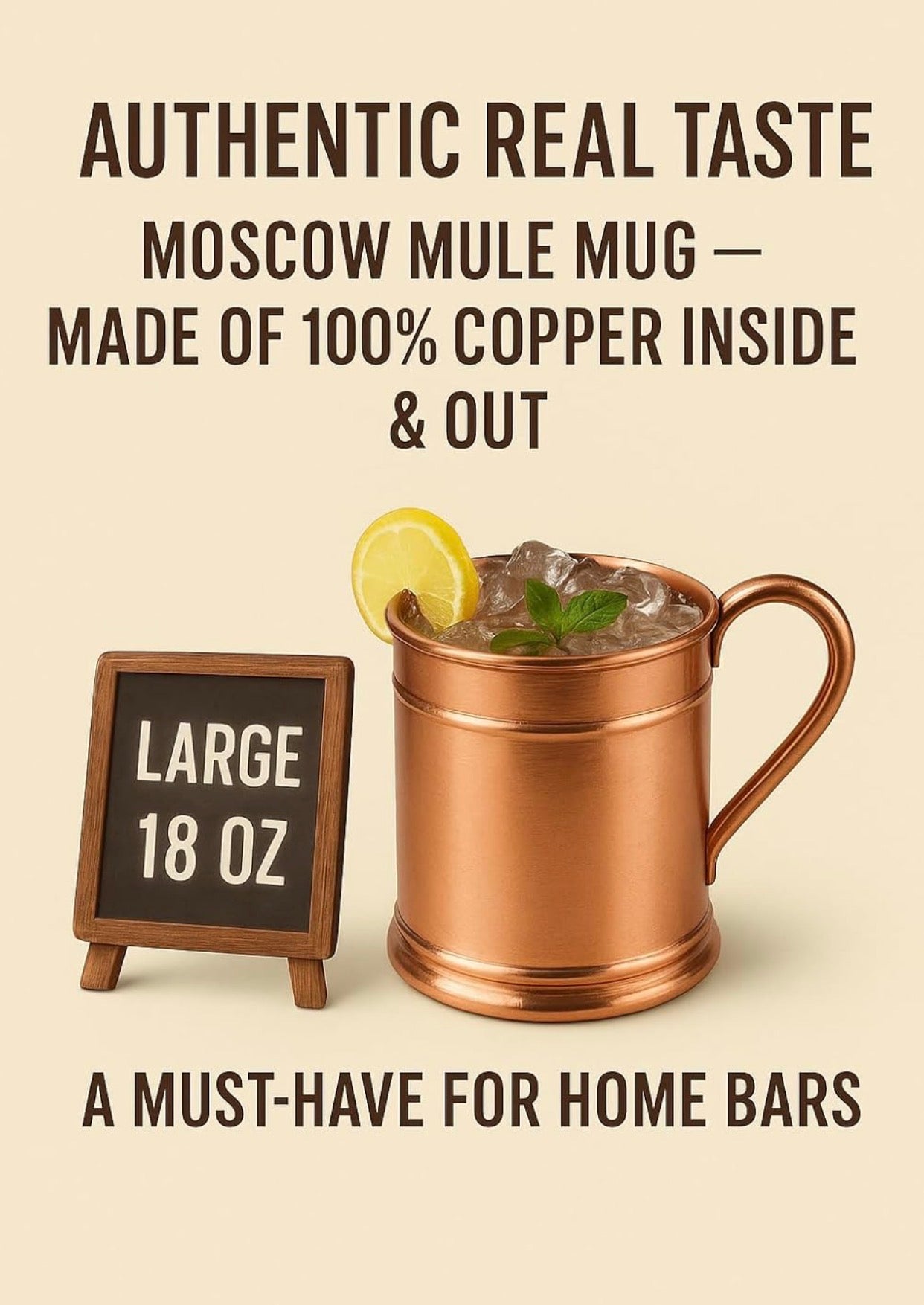 Large 18 oz, Moscow Mule Copper Mug | Solid Handcrafted 100% Pure Copper Cup - Inside & Out | Keeps Drinks Super Cold | Tankard Beer Stein Mug | Best Gift for Moscow Mule Lovers