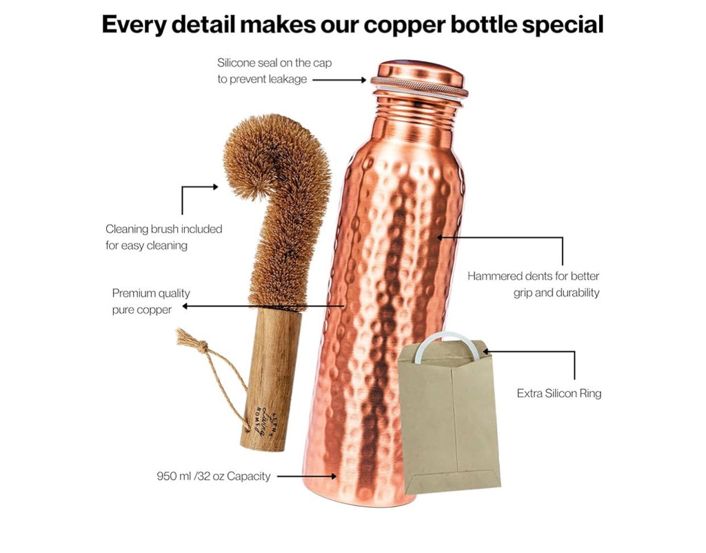 Alpha Living Home Copper Water Bottle 32 Oz Extra Large, Real Copper Water Bottle, Pure Drinking Bottle, Hammered Ayurvedic Bottle for Drinking Water, Leak Proof Vessel Cap with Cleaning Brush