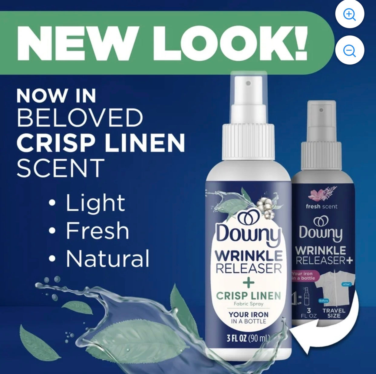 Downy Wrinkle Releaser and Refresher Fabric Spray, Crisp Linen Scent, Travel Size, 3 fl oz