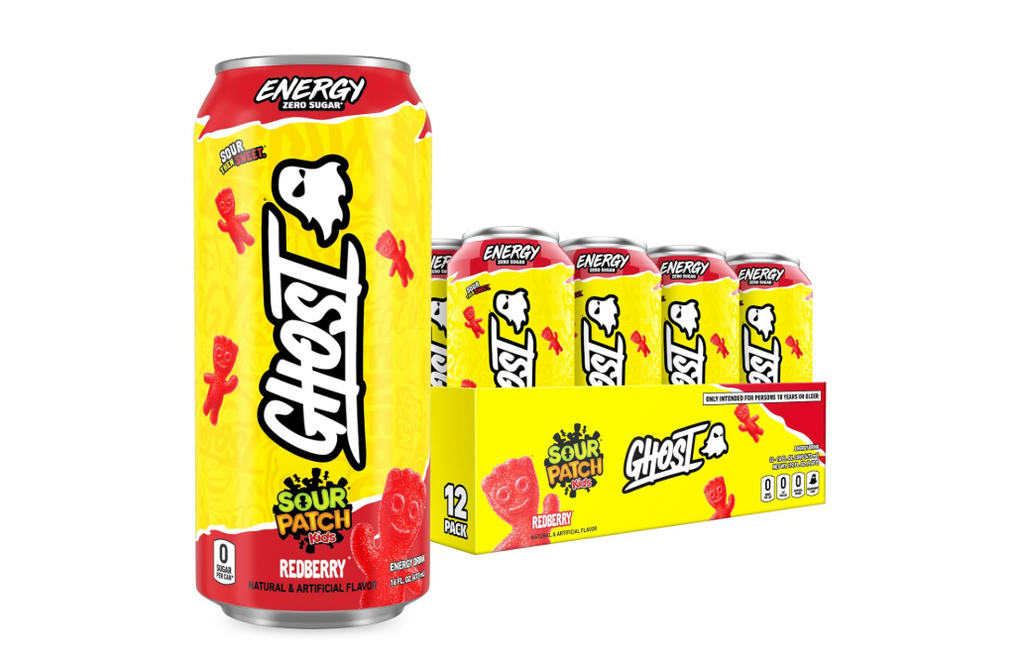 GHOST Energy Drink - 12-Pack, Sour Patch Kids Redberry, 16oz - Energy & Focus & No Artificial Colors - 200mg of Natural Caffeine, L-Carnitine & Taurine - Gluten-Free & Vegan