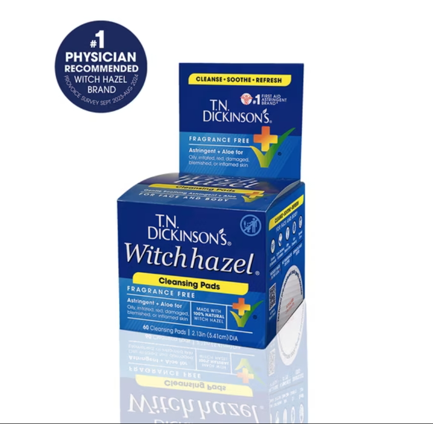 T.N. Dickinson's Witch Hazel Cleansing Pads for Face and Body, Gentle Astringent, 60 Count
