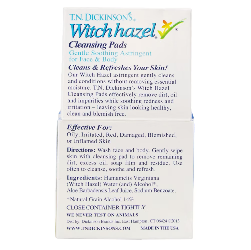 T.N. Dickinson's Witch Hazel Cleansing Pads for Face and Body, Gentle Astringent, 60 Count
