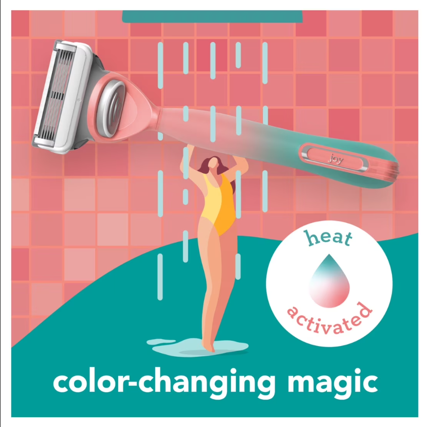 joy Female Razor Handle and 2 Blade Refill Cartridges, Color-changing