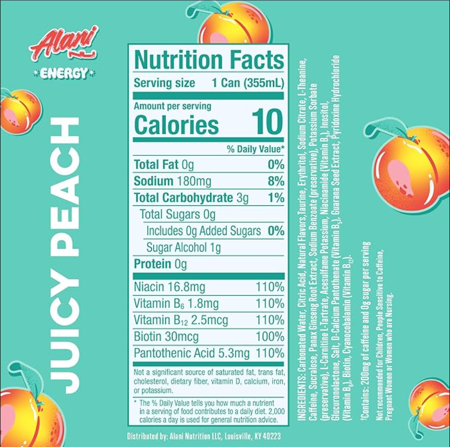 Alani Nu JUICY PEACH, Sugar Free, Low Calorie Energy Drinks, 200mg Caffeine, Biotin, B Vitamins, Zero Sugar, 10 Calories, 12 Fl Oz Cans, 12 Pack