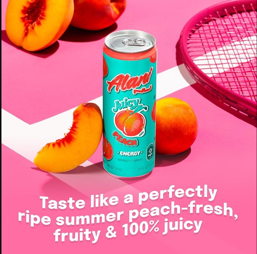 Alani Nu JUICY PEACH, Sugar Free, Low Calorie Energy Drinks, 200mg Caffeine, Biotin, B Vitamins, Zero Sugar, 10 Calories, 12 Fl Oz Cans, 12 Pack