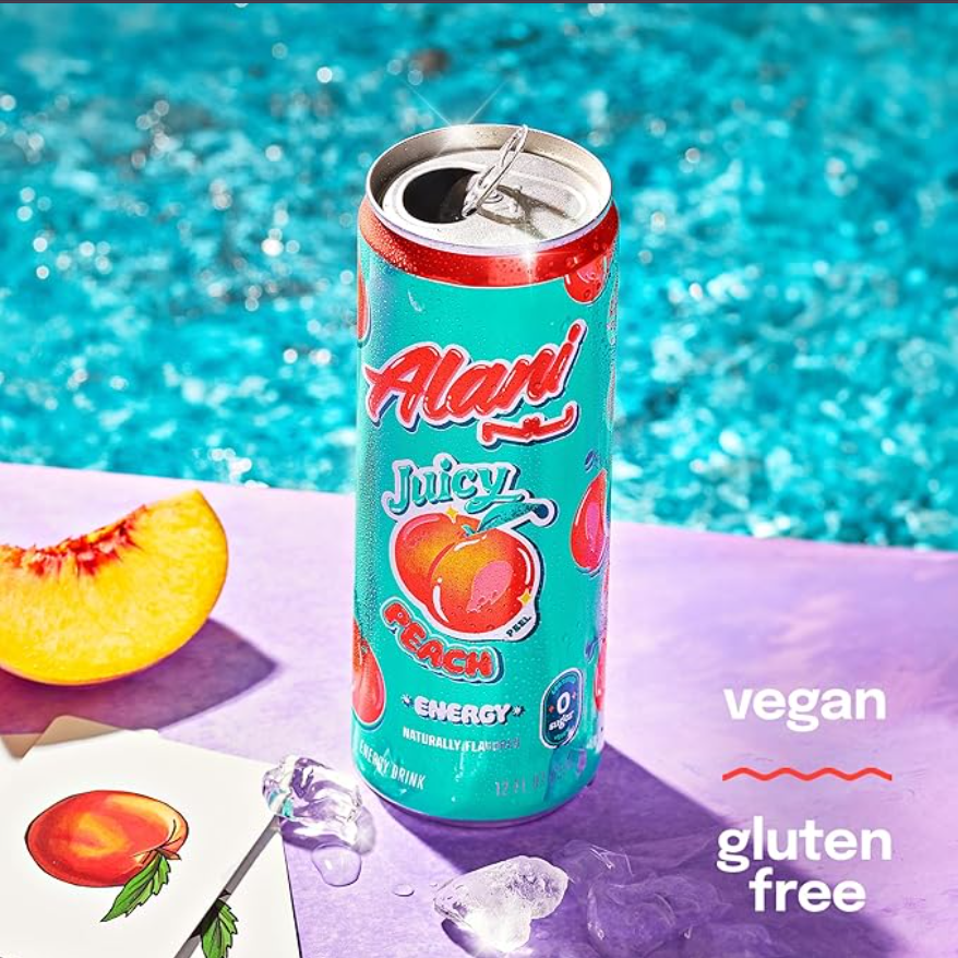 Alani Nu JUICY PEACH, Sugar Free, Low Calorie Energy Drinks, 200mg Caffeine, Biotin, B Vitamins, Zero Sugar, 10 Calories, 12 Fl Oz Cans, 12 Pack